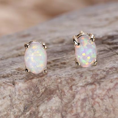 Eternal Grace Blue & White Fire Opal Oval Earrings