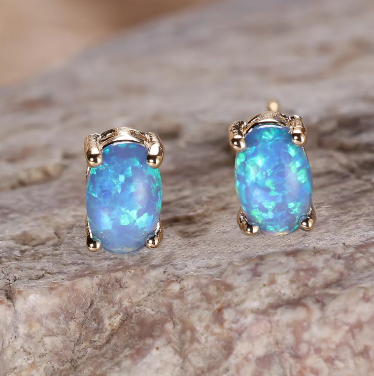 Eternal Grace Blue & White Fire Opal Oval Earrings