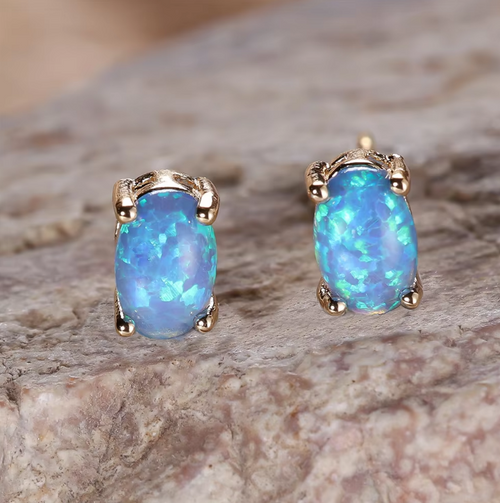 Eternal Grace Blue & White Fire Opal Oval Earrings