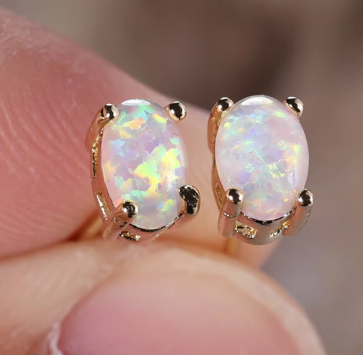 Eternal Grace Blue & White Fire Opal Oval Earrings