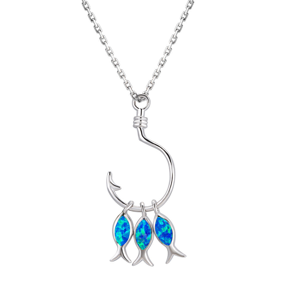 Blue Opal Trio Fish Hook Necklace