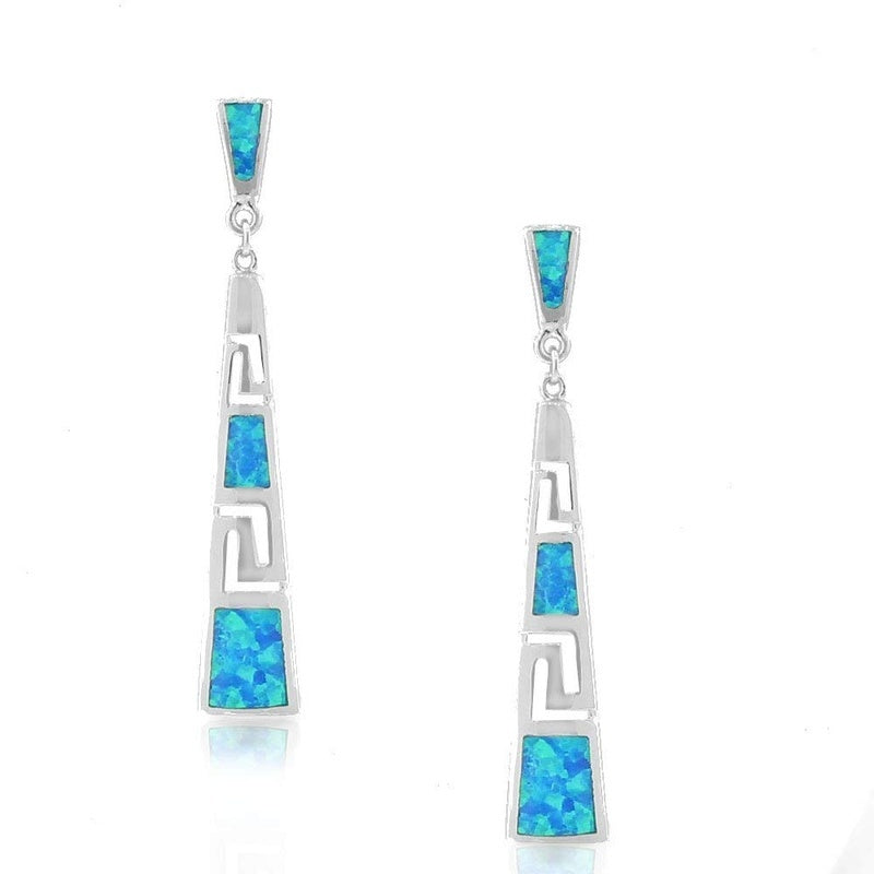 Fire Blue Opal Greek Key Drop Earrings