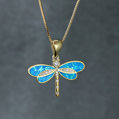 Golden Dragonfly Blue Opal Necklace