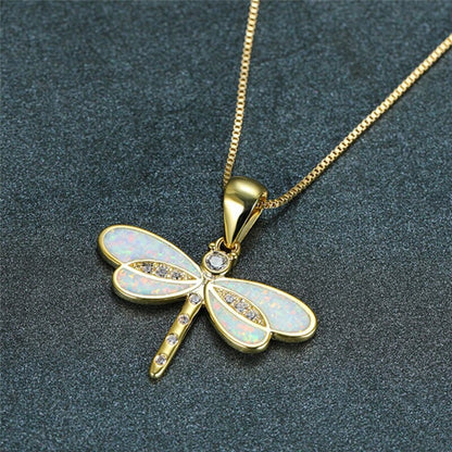 Golden Dragonfly Blue Opal Necklace