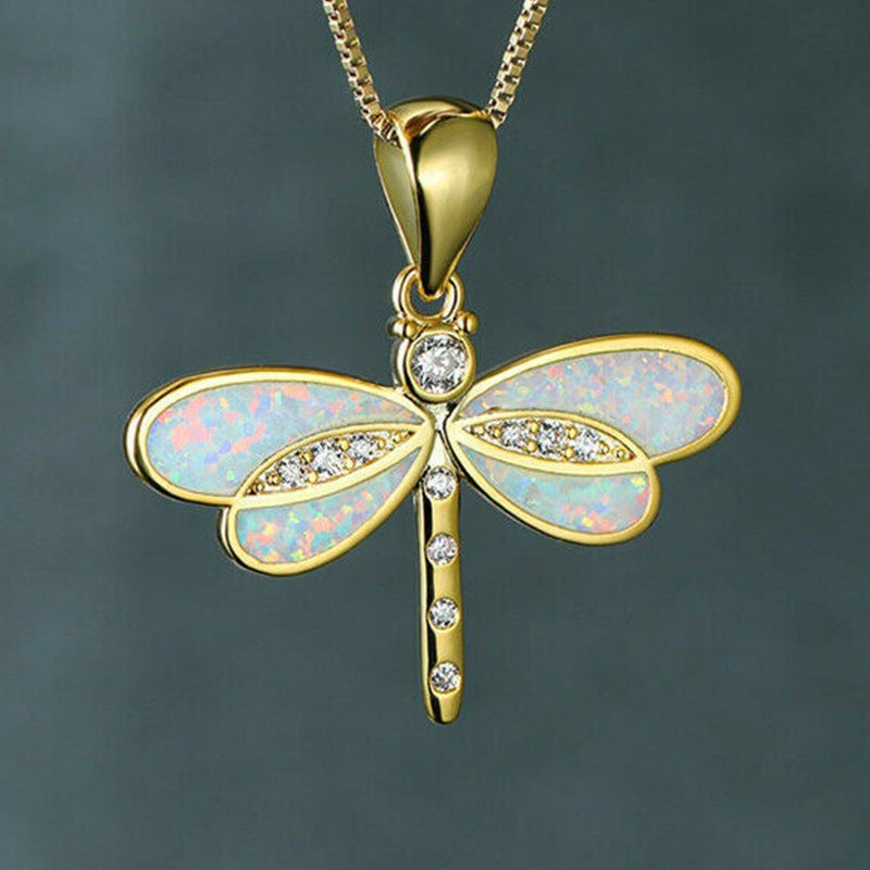 Golden Dragonfly Blue Opal Necklace