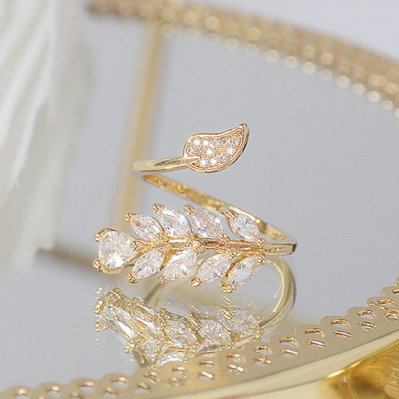 14K Gold Full CZ Leaf Ring for Women - Adjustable Open Design