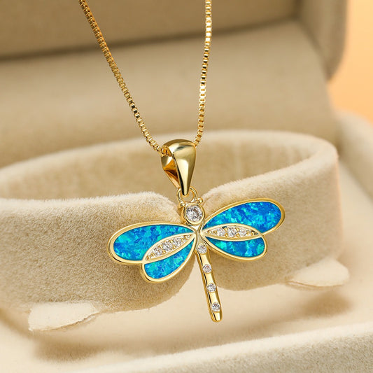 Golden Dragonfly Blue Opal Necklace