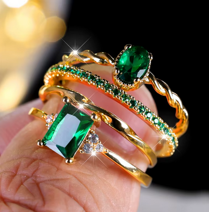 Emerald Elegance Ring Ensemble (4-Piece Set)