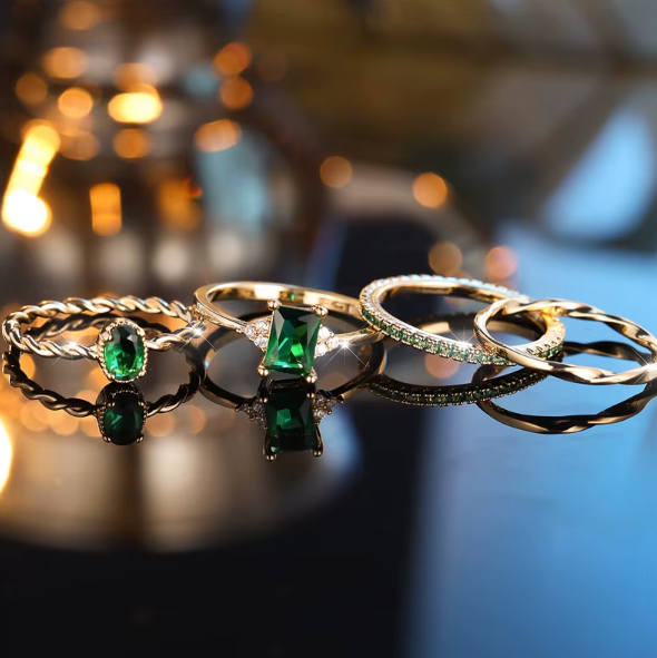 Emerald Elegance Ring Ensemble (4-Piece Set)