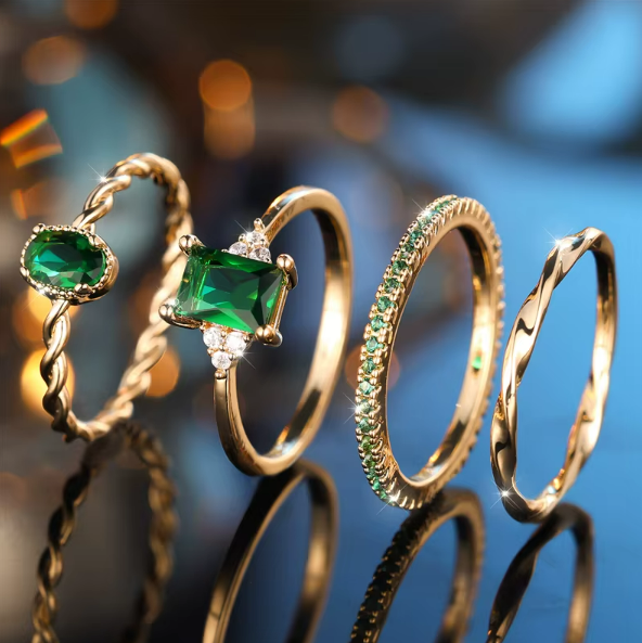 Emerald Elegance Ring Ensemble (4-Piece Set)