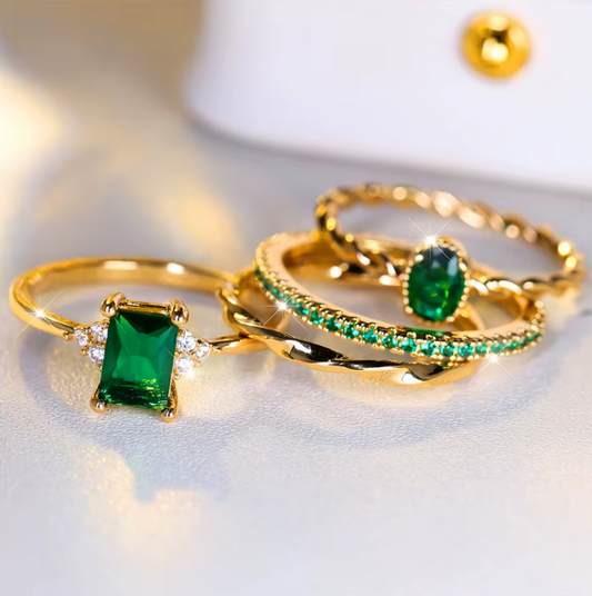 Emerald Elegance Ring Ensemble (4-Piece Set)