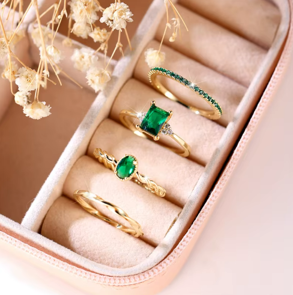 Emerald Elegance Ring Ensemble (4-Piece Set)