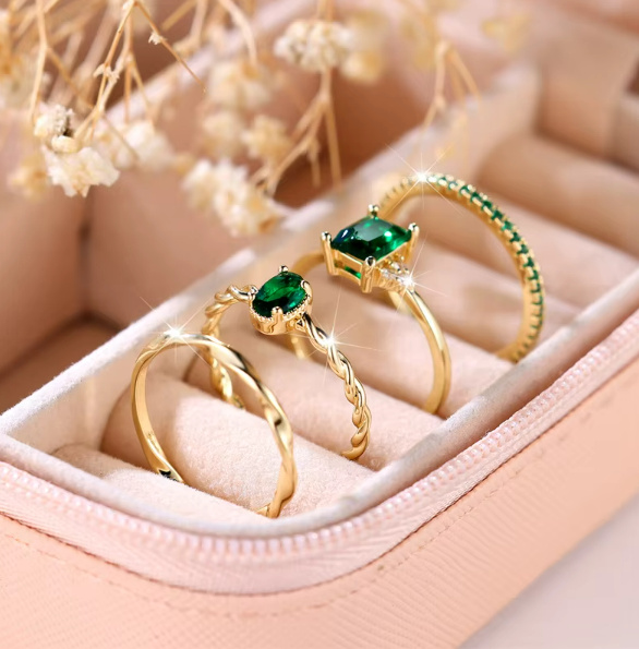 Emerald Elegance Ring Ensemble (4-Piece Set)