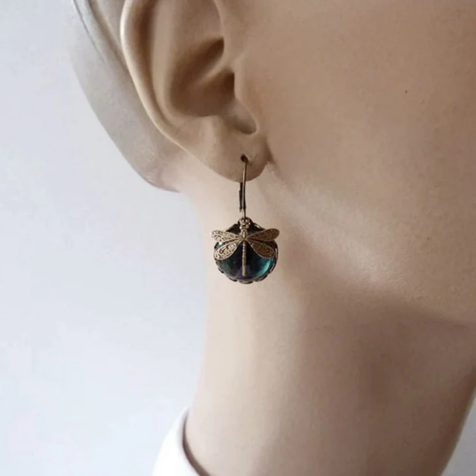 Eternal Wings Dragonfly Earrings – Antique Gold with Moonstone Accents