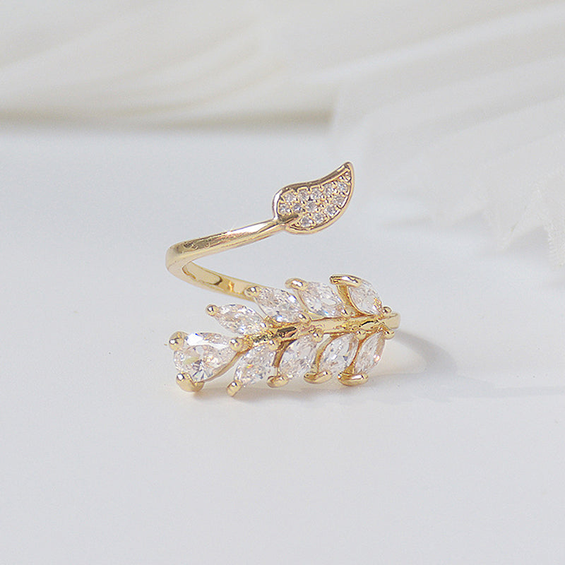 14K Gold Full CZ Leaf Ring for Women - Adjustable Open Design