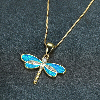 Golden Dragonfly Blue Opal Necklace